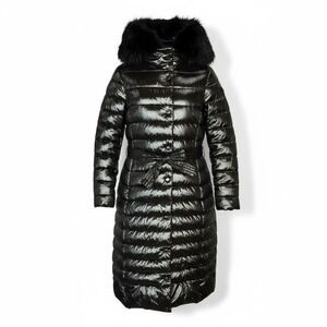 Bellivera Women's Black Long Lightweight Faux Furr Hooded Puffer Coat Sz Large